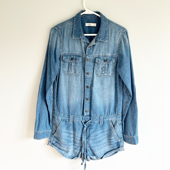 Abercrombie & Fitch Denim Long Sleeve Shortalls Small - Picture 1 of 7